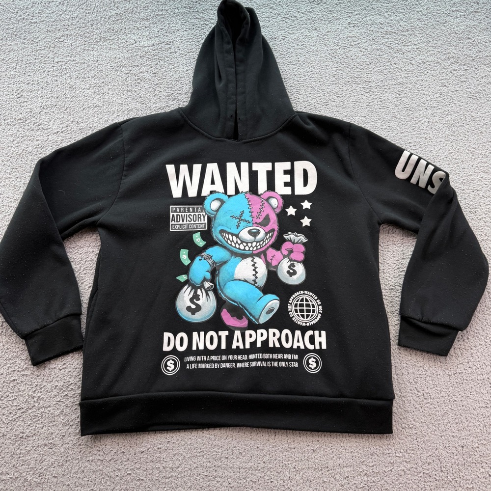 RGSTR Mens Black Wanted Teddy Bear Graphic Hoodie Size L Unstoppable Streetwear
